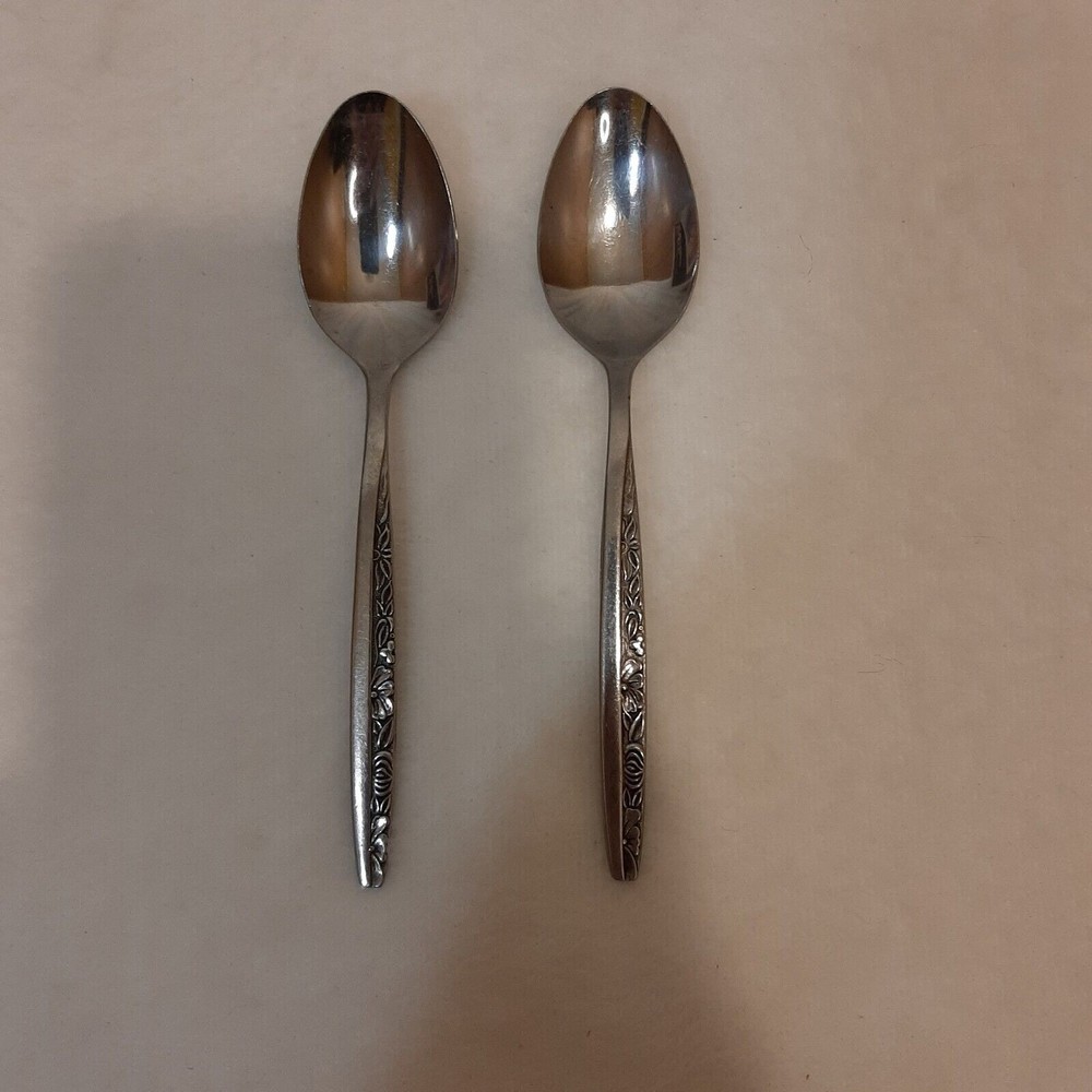 Vintage Ekco Eterna Stainless Flatware Floral Leaf Pattern 2 Spoon Japan Roses